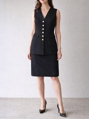 Vintage 90s Minimalist Black Vest Dress – Gold Button Front Appx Size Medium